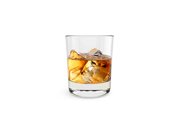 Elegant whiskey glass with ice cubes isolated on white background