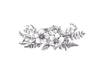 Spring bouquet of flowers. Lily of the valley, hellebore, snowdrop, fern. Vintage engraving style. Botanical illustration. Black and white.