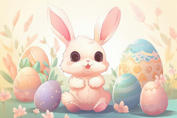 Drawing of a cute chibi easter bunny and easter eggs - Generative AI