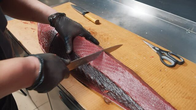 Close-up of the process of cutting tuna fish at the market. Male hands in gloves cutting a large fish with a knife.
