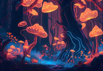 Neon forest fantasy illustration. Glowing colors have a storybook appearance. Generative AI