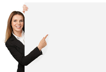 Happy smiling young  woman showing blank signboard, isolated on  background
