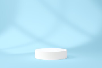 3d background product display podium scene with white cylinder platform. Blue background with 3d podium empty space for product, text and promotion. 3d illustation render.  