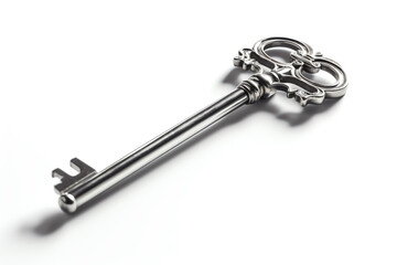 A shiny silver key, isolated on a white background. generative AI