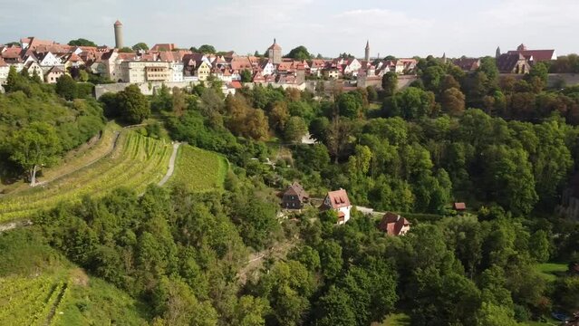 Rothenburg ob der Tauber Bavaria Germany reverse drone aerial view.old city tour