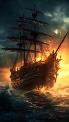 Obraz premium sailing ship in fire and smoke, pirates, after an epic battle, fantasy, generated in AI