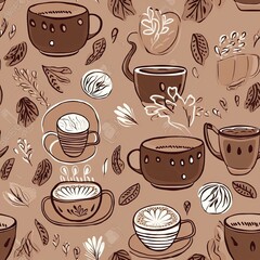 Boho coffee and lattes seamless pattern on a warm brown background generative AI
