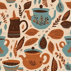 Coffee pot seamless pattern Boho art style drawing generative AI