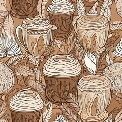 Boho coffee latte illustration seamless background generative AI