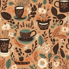 A pattern of coffee cups and flowers on a brown background generative AI