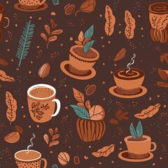 A pattern of coffee cups and leaves on a brown background generative AI