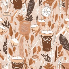 A pattern of coffee cups and leaves on a tan background generative AI