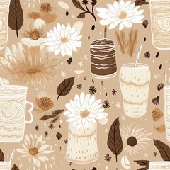 Boho coffee latte illustration seamless background generative AI