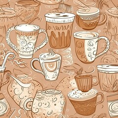 Boho coffee latte illustration seamless background generative AI