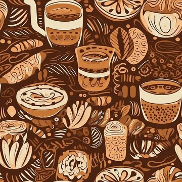 Seamless pattern of coffee cups on a warm brown background Boho art style generative AI