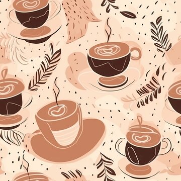 A pattern of coffee cups and leaves on a beige background generative AI