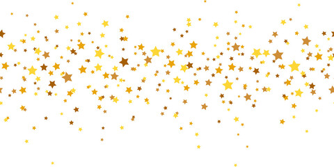 Gold stars falling confetti seamless border frame isolated on transparent background, repeat pattern for birthday party, celebration, cut out, PNG illustration.
