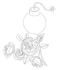 One continuous line of Bomb with rose flowers. Thin Line Illustration vector concept. Contour Drawing Creative ideas.