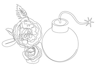 One continuous line of Bomb with rose flowers. Thin Line Illustration vector concept. Contour Drawing Creative ideas.