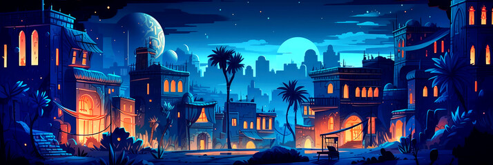 Night view of an old Arab town with traditional buildings. Lighted buildings in an old muslim city. Panaorama, Generative AI
