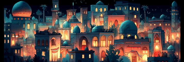 Night view of an old Arab town with traditional buildings. Lighted buildings in an old muslim city. Panaorama, Generative AI