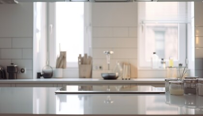 Fototapeta na wymiar Wooden table top on blur kitchen room background