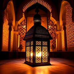 Ornamental Arabic lantern with burning candle glowing. Muslim holy month Ramadan Kareem. Ramadan crescent moon. generative ai