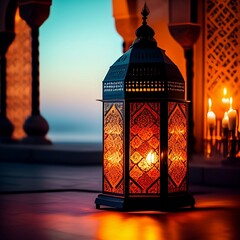 Ornamental Arabic lantern with burning candle glowing. Muslim holy month Ramadan Kareem. Ramadan crescent moon. generative ai