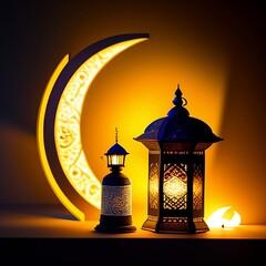 Ornamental Arabic lantern with burning candle glowing. Muslim holy month Ramadan Kareem. Ramadan crescent moon. generative ai