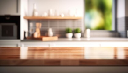 Wooden table top on blur kitchen room background