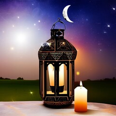 Ornamental Arabic lantern with burning candle glowing. Muslim holy month Ramadan Kareem. Ramadan crescent moon. generative ai