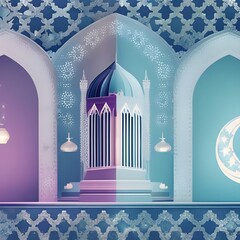 Ornamental Arabic lantern with burning candle glowing. Muslim holy month Ramadan Kareem. Ramadan crescent moon. generative ai