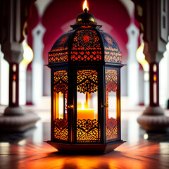 Ornamental Arabic lantern with burning candle glowing. Muslim holy month Ramadan Kareem. Ramadan crescent moon. generative ai