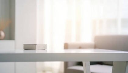 Fototapeta na wymiar Wooden white table top on blur room background