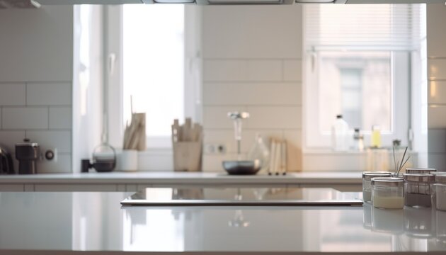 Wooden table top on blur kitchen room background