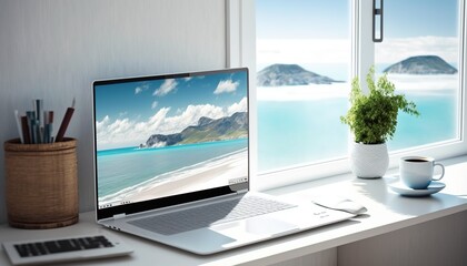 Fototapeta premium Office desk with laptop, coffee and flower. Modern business workplace.