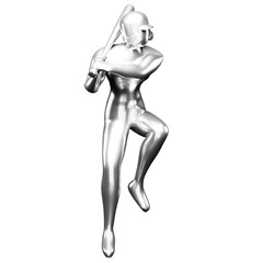 3d Silver Baseball Player Clip Art Holding Up With a Baseball Bat While Lifting One Leg. Viewed From The Side.