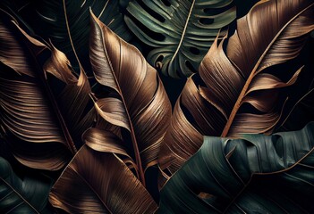 Grunge bronze banana leaves, palm. Tropical exotic seamless pattern. Hand-drawn dark vintage 3D illustration. Nature abstract background. Good for luxury wallpapers, cloth, fabric. Generative AI