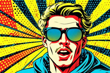 handsome blonde young man with sunglasses in retro pop comic art. Generative AI