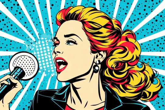 beautiful young blonde woman singing with a microphone in retro pop comic art. Generative AI