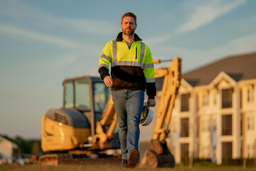 Portrait of worker small business owner. Construction worker with hardhat helmet on construction...