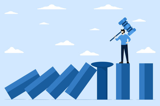 concept of prevention or strategy to avoid danger, business recovery, crisis management, proactive to protect against disaster and risk, businessman installing nails to protect domino effect collapse.