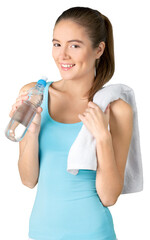 Young woman with water and towel on white background