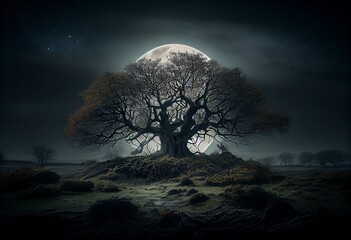 Irish landscape, night, large oak tree, foggy, moody, moon. Generative AI