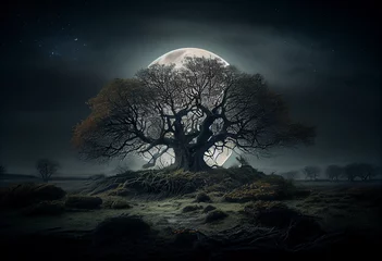 Foto op Aluminium Irish landscape, night, large oak tree, foggy, moody, moon. Generative AI © Ethan