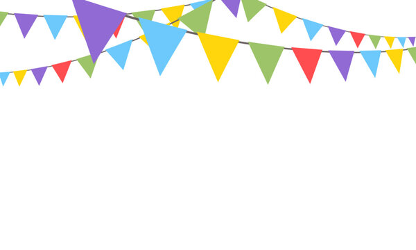 Celebrate hanging triangular garlands. Colorful perspective flags party isolated on white background. Birthday, Christmas, anniversary, and festival fair concept. Vector illustration flat design.