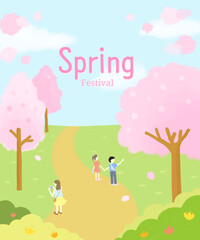 spring cherry blossom festival illustration, 봄 벚꽃 축제 일러스트