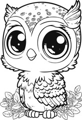 Cute cartoon owl. Wild bird in line drawing. Vector illustration isolated on white background. For printable children's and adults coloring page or book, kids toddler activity.