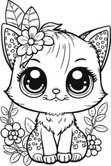 Cute cartoon cat with flowers. Wild kitten in line drawing. Vector illustration isolated on white background. For printable children's and adults coloring page or book, kids toddler activity.