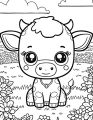 Cute cartoon cow or calf in a flower meadow. Farm pet in line drawing. Vector illustration on isolated background. For printable children's and adults coloring page or book, kids toddler activity.